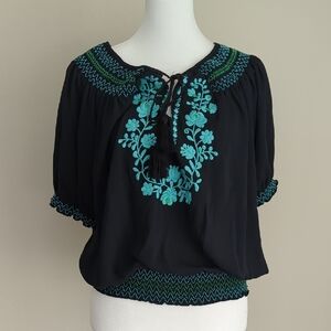 New York & Company Black Blouse with Blue Embroidery, S